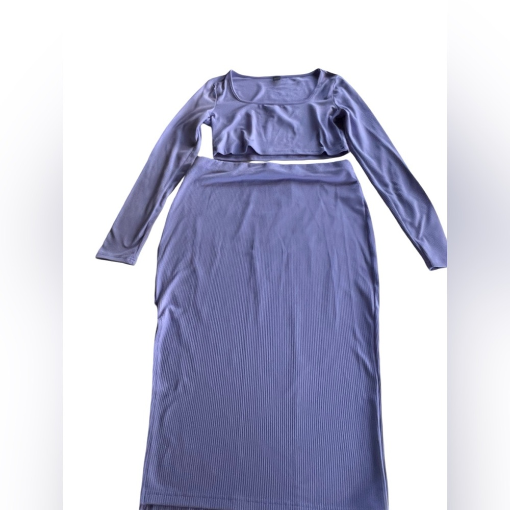 Two piece skirt and crop top in a lavender color